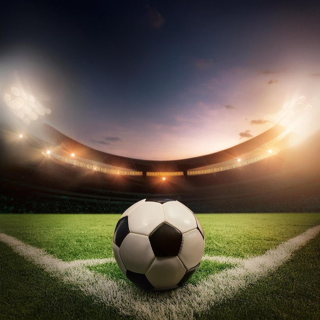 a soccer ball sits on the field of a stadium with the sun shining on the grass