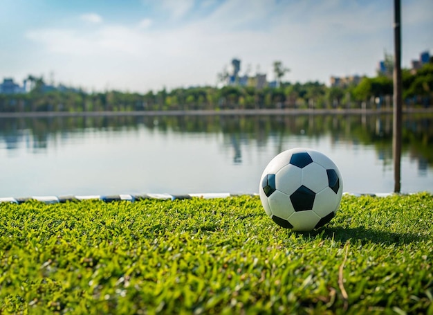 A soccer ball sits on the grass in front of a lake