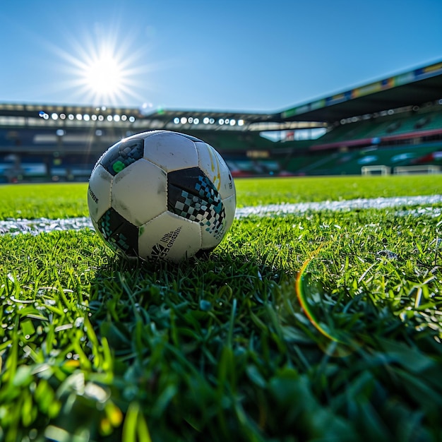 a soccer ball sits on the grass of a stadium