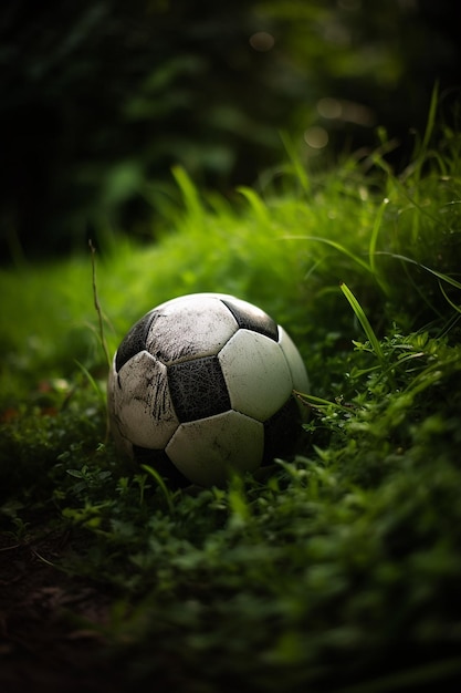 A soccer ball sits in the grass with the word soccer on it.