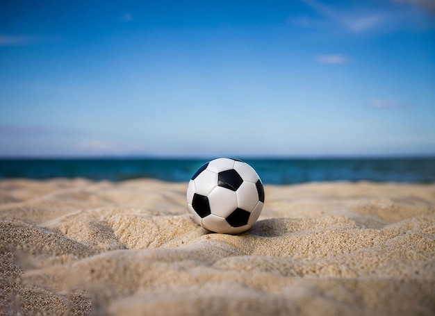 A soccer ball sits on the sand on a beach.