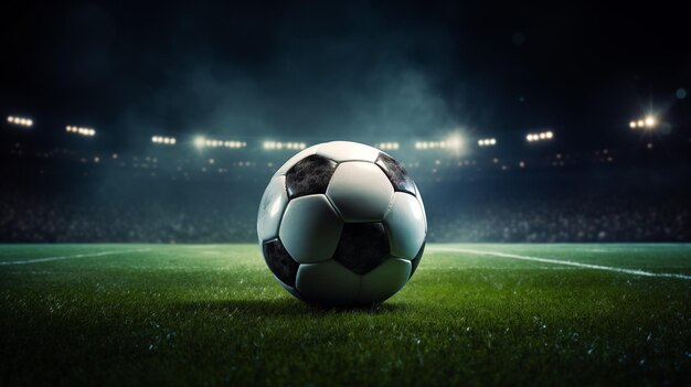 Soccer ball on a soccer grass field in front of a blurred stadium Sport concept background