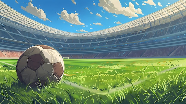 Soccer Ball in a Stadium soccer ball on green grass in the center of a stadium