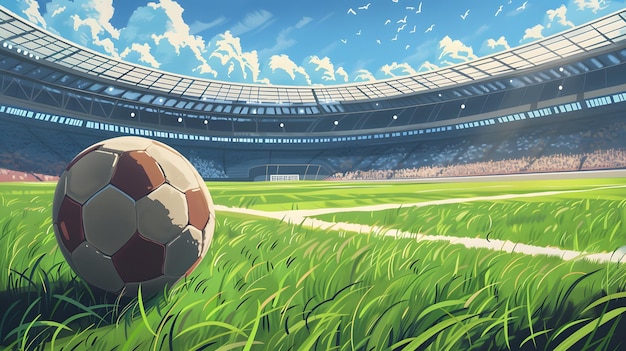 Soccer Ball in a Stadium soccer ball on green grass in the center of a stadium