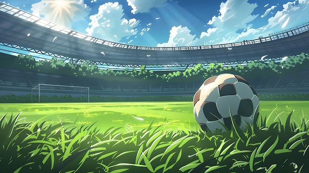 Soccer Ball in a Stadium soccer ball on green grass in the center of a stadium