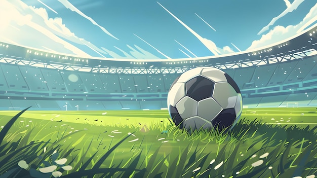 Photo soccer ball in a stadium soccer ball on green grass in the center of a stadium