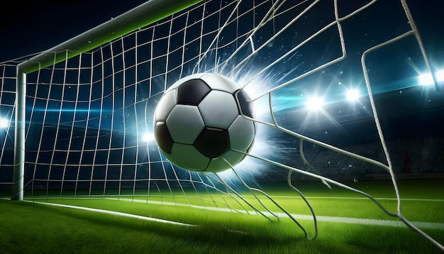 A soccer ball strikes the net in a stadium capturing the thrill of a goal with bright lights and vi