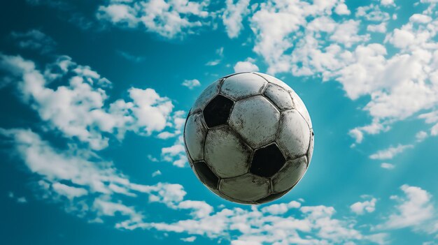 Soccer ball suspended in midair against a vivid blue sky with fluffy white clouds capturing the esse