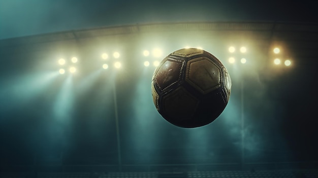 Soccer ball suspended in midair under stadium lights atmospheric