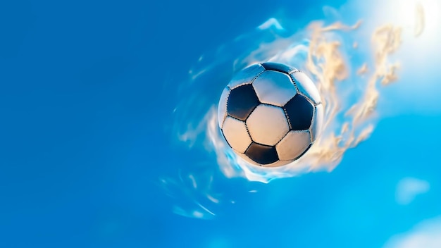 A soccer ball through the blue sky with a trail of dust Generative AI