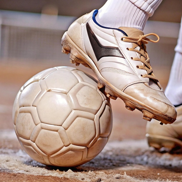 Photo a soccer ball with a blue stripe is being kicked by a person wearing white shoes