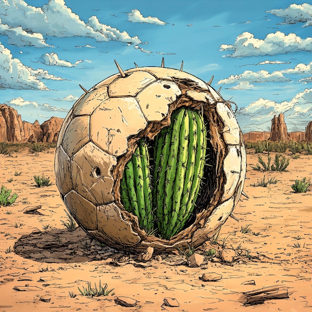 Photo soccer ball with cactus in the desert 3d illustration