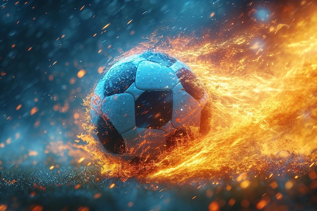 soccer ball with flames and lightning flying like a comet on night sky blue and orange background