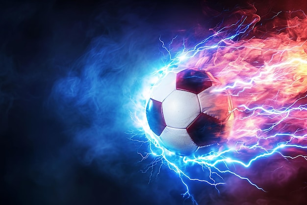 soccer ball with flames and lightning flying on night sky blue and purple background