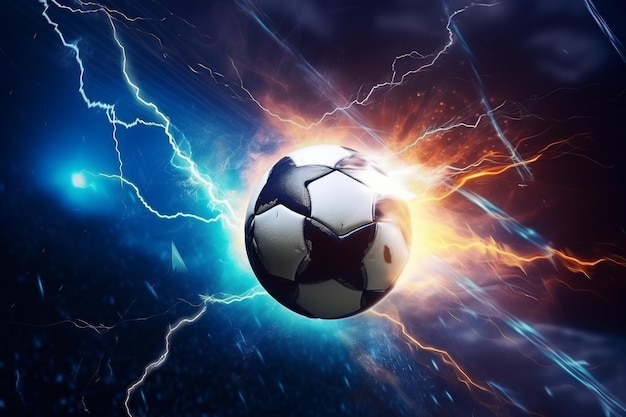 soccer ball with flames and lightning flying on night sky dark blue background