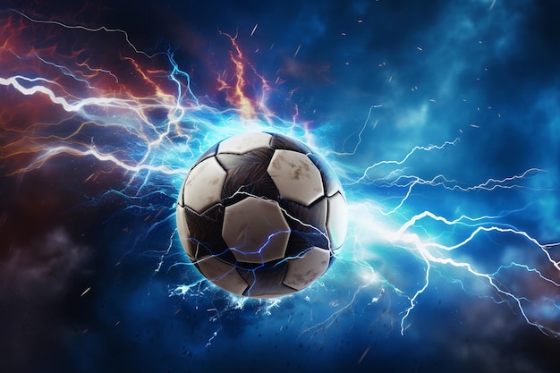 soccer ball with flames and lightning flying on night sky dark blue background