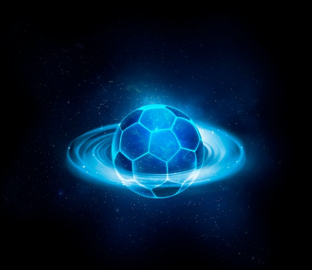 Soccer ball with futuristic blue glowing neon lights ball game concept