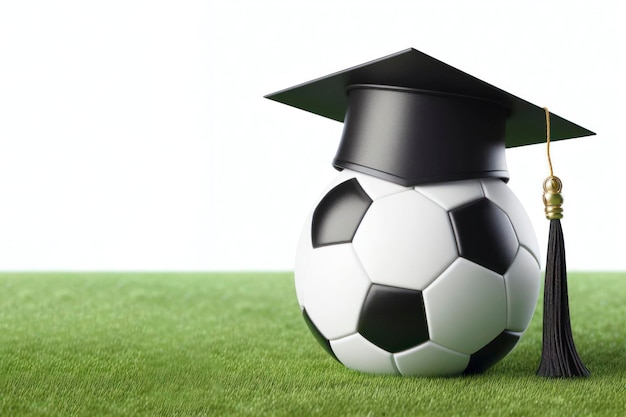 Soccer ball with graduation cap on green lawn on white background ai generative