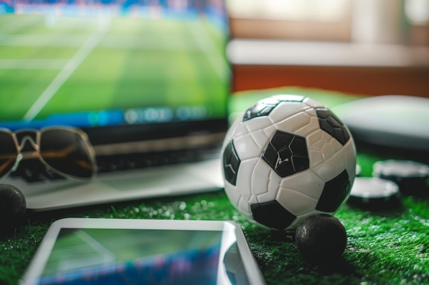 Soccer ball with a laptop showing a live match on grass surface concept of virtual sports