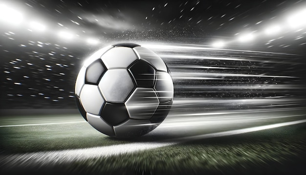 A soccer ball with a neon trail speeds across a textured surface conveying motion and energy