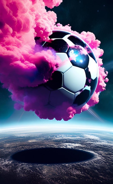 a soccer ball with purple smoke and the word  soccer  on the bottom