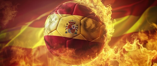 Soccer Ball with Spanish Flag Design Surrounded by Flames and Sparks in a Dynamic Sports Concept Generative AI