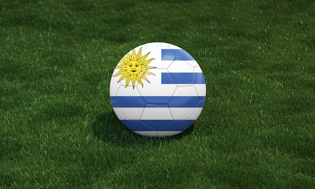 Soccer ball with Uruguay flag colors at a stadium on green grasses background 3D illustration