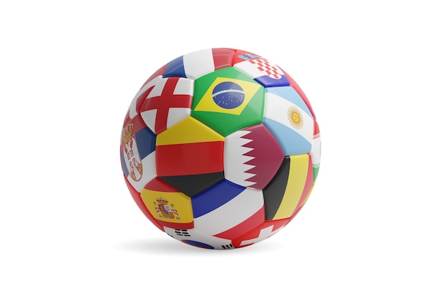 Soccer ball with world championship flags isolated on white background 3d illustration