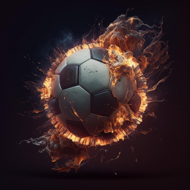 Soccer ball wrapped in a fire flames on black background generative AI