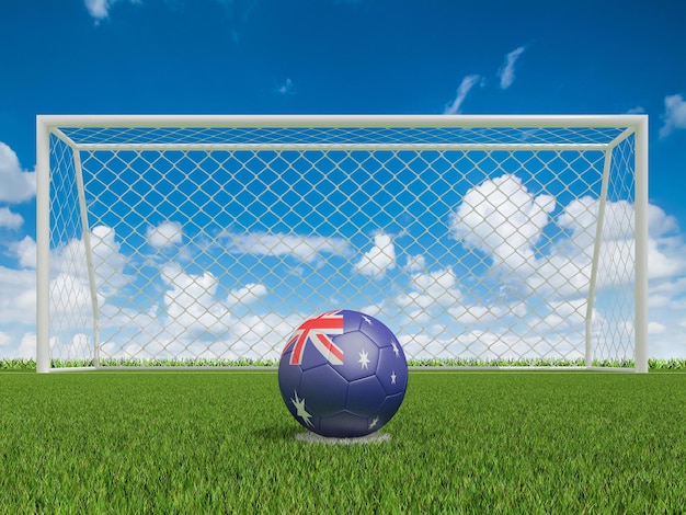 Soccer balls in Australia flags colors on soccer field 3d rendering