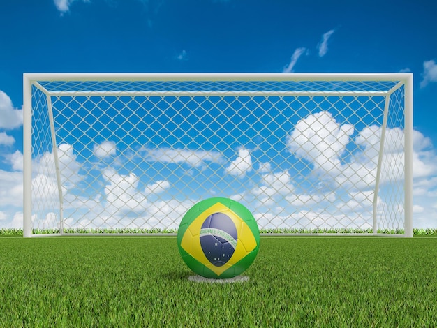 Soccer balls in Brazil flags colors on soccer field 3d rendering