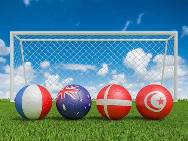 Soccer balls in flags colors on soccer field 3d rendering of group D