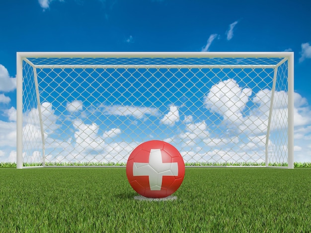 Soccer balls in Switzerland flags colors on soccer field 3d rendering