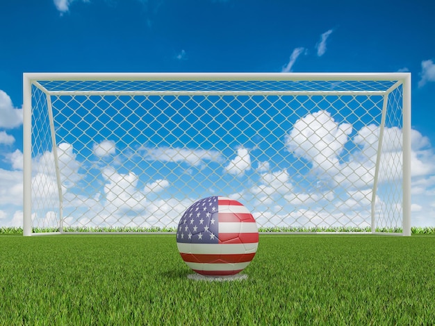 Soccer balls in USA flags colors on soccer field 3d rendering