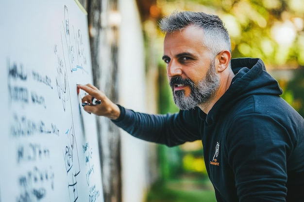 Photo a soccer coach passionately explains his tactical strategies while pointing at a whiteboard filled with diagrams the vibrant outdoor backdrop complements the intensity of the training session