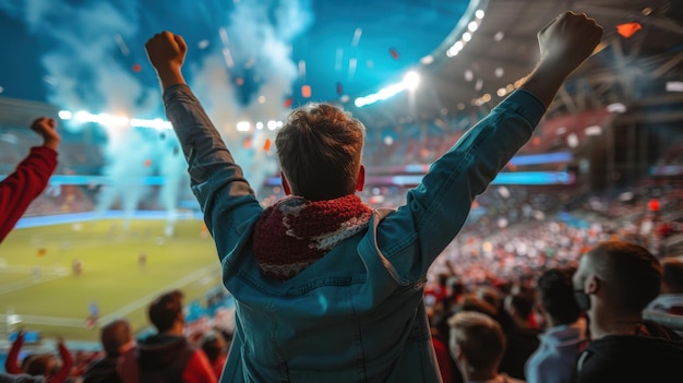 Soccer fan with raised arms celebrating a victory in a vibrant crowded stadium capturing the excitement of live sports