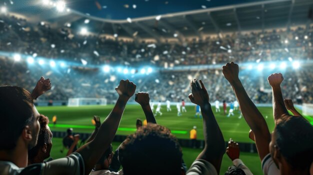 Soccer fans cheering at a stadium