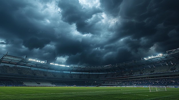 Soccer field under dramatic storm clouds cloudy sky background