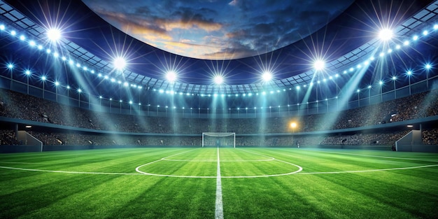 Soccer field and spotlight background in the stadium with copy space