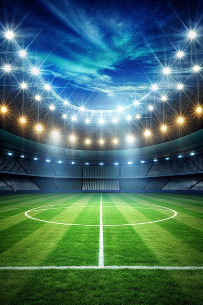 Soccer field and spotlight background in the stadium with copy space