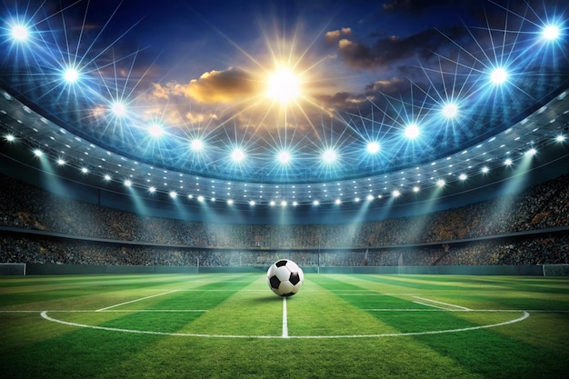 Soccer field and spotlight background in the stadium with copy space