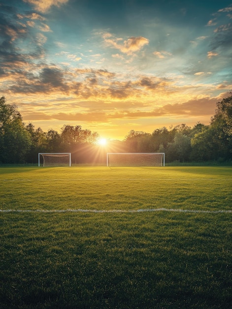 Photo soccer field sunset