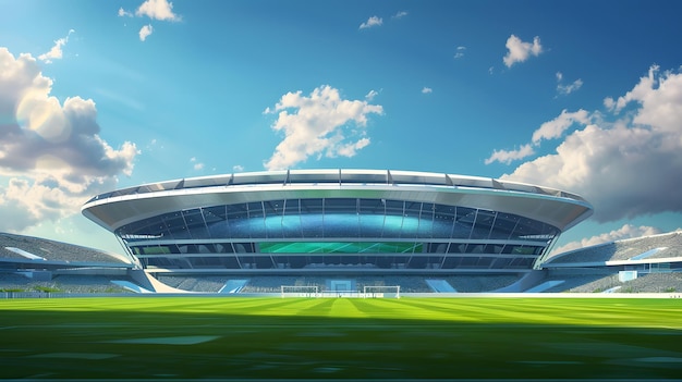 A soccer field with a bright green grass Football stadium arena for professional match with spotlight