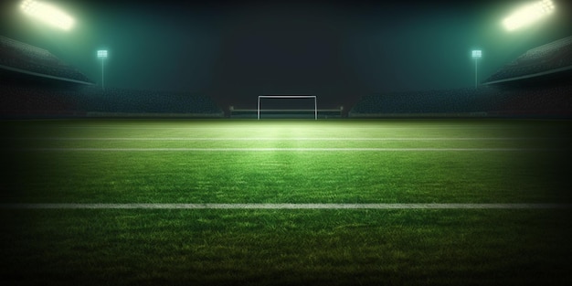 A soccer field with a goal post in the dark