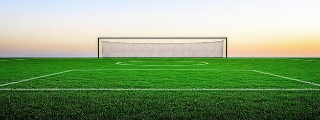 Photo soccer field with goalposts in the distance empty and calm soft evening light