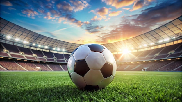 a soccer field with a soccer ball in front of a stadium with the sun setting behind it