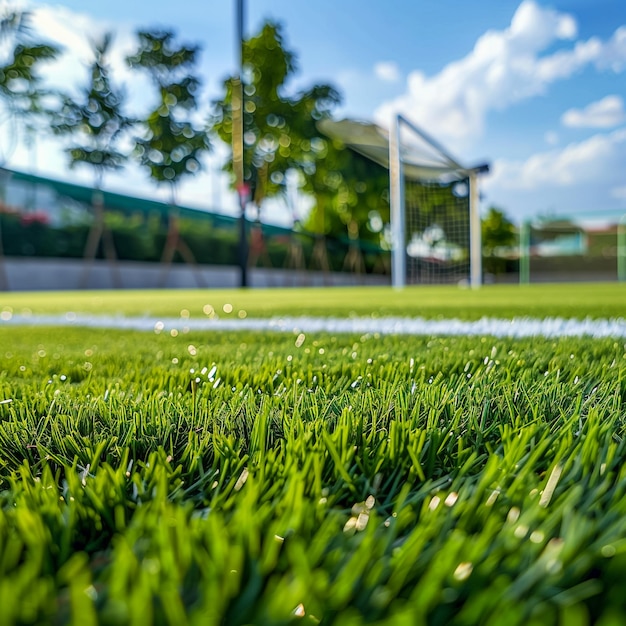 a soccer field with a soccer field with a net in the background