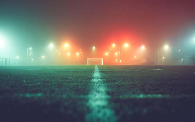 a soccer field with a white board in the middle of it