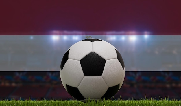 Soccer football ball on a grass pitch in front of stadium lights and eqypt flag 3D Rendering