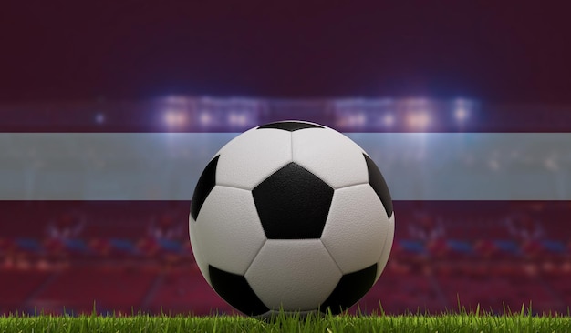 Soccer football ball on a grass pitch in front of stadium lights and latvia flag 3D Rendering